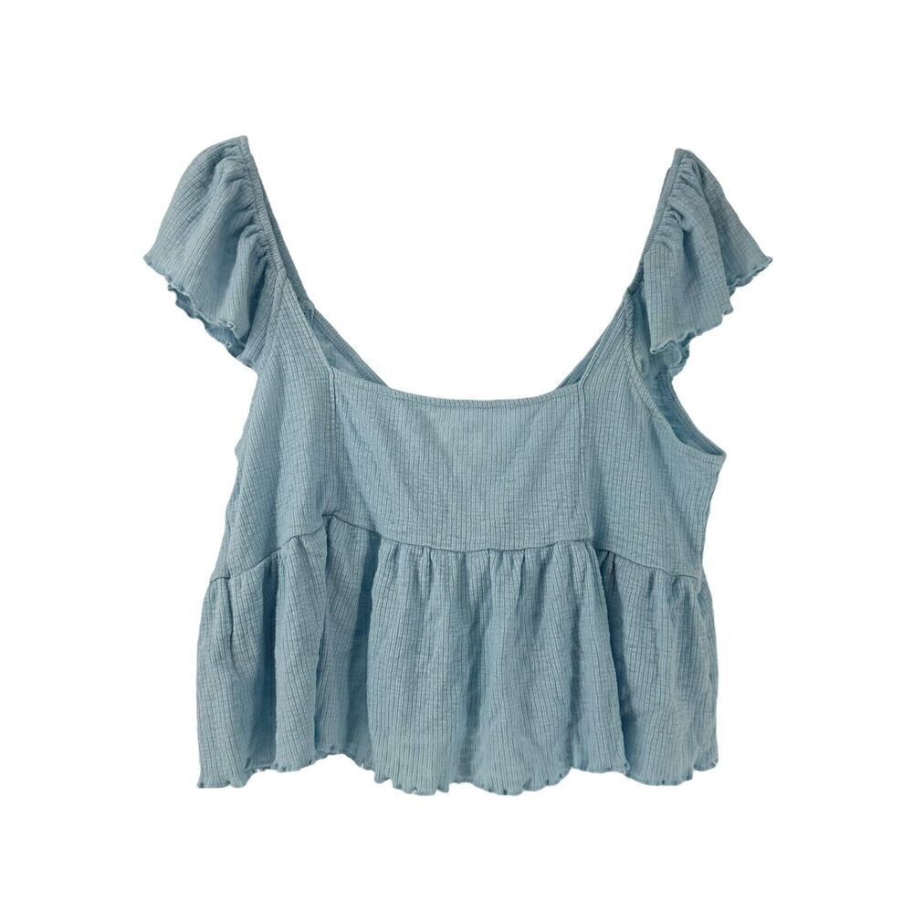 American Eagle Ribbed Crop Top Blue Flutter Sleeves Size XL Keyhole Tie Chest - Picture 6 of 6